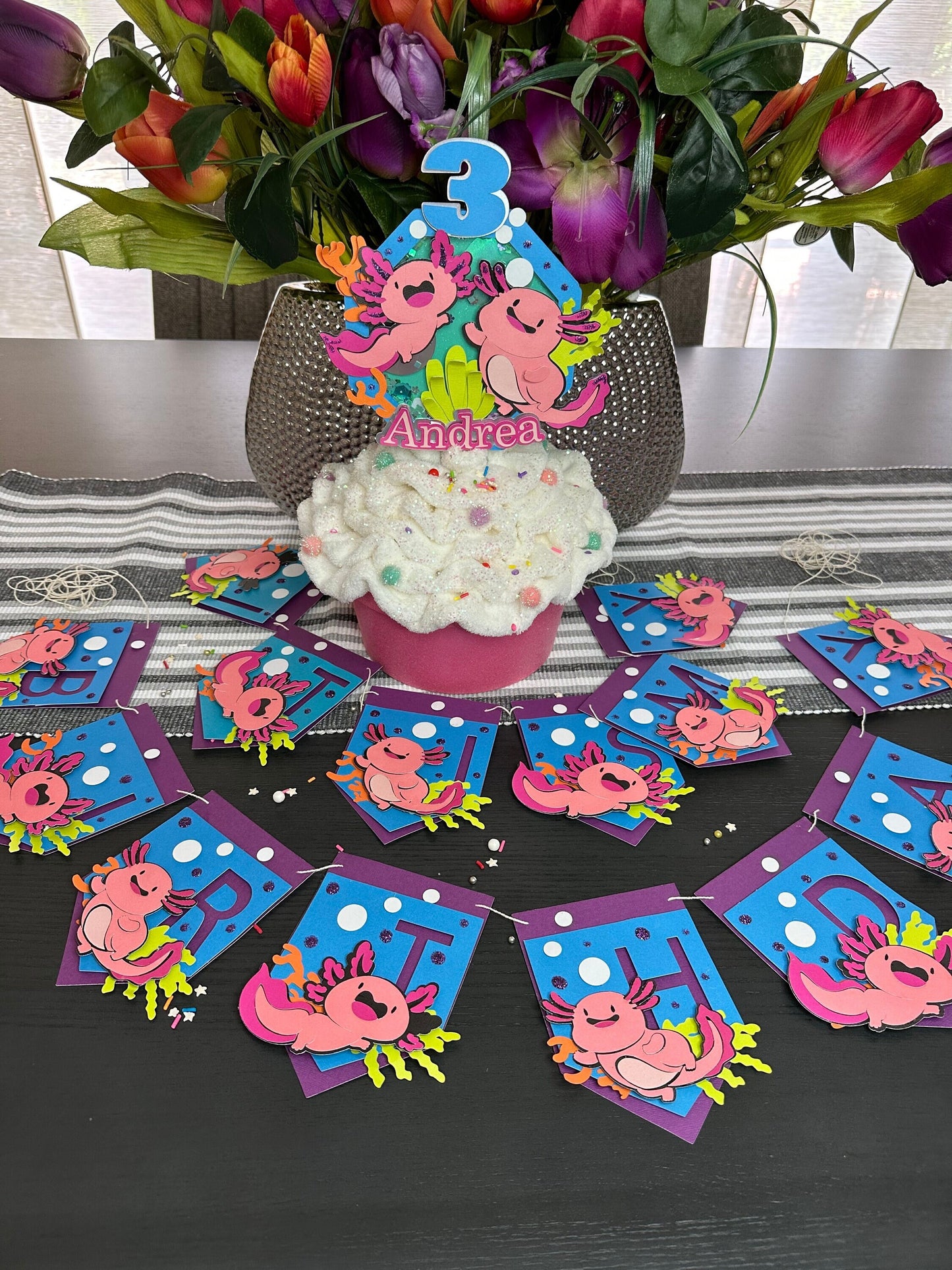 Cute Axolotl Inspired Banner customized,  Kids Theme Party Decoration.