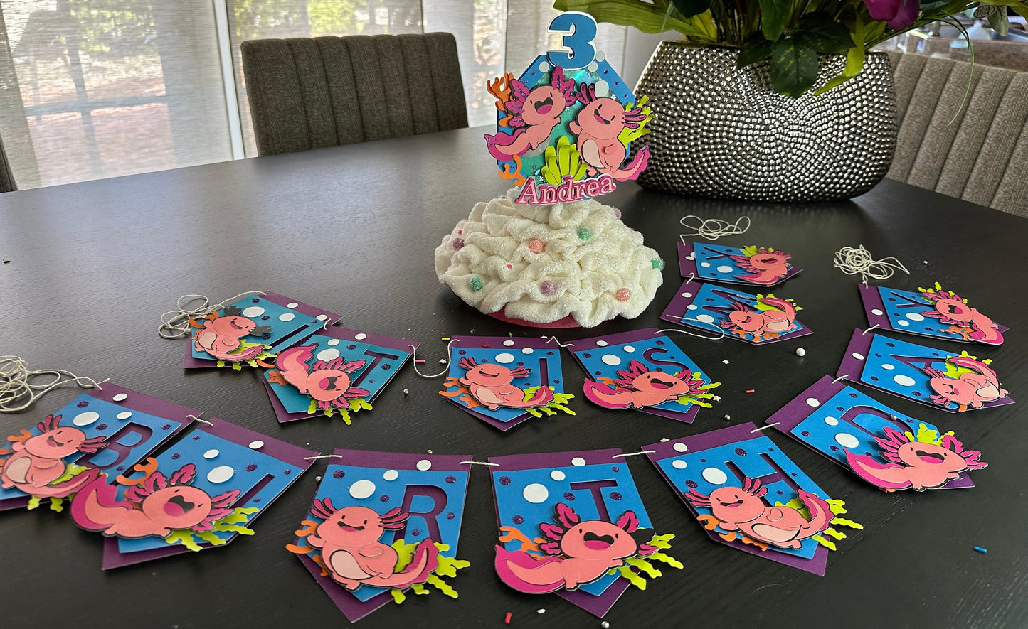 Cute Axolotl Inspired Banner customized,  Kids Theme Party Decoration.