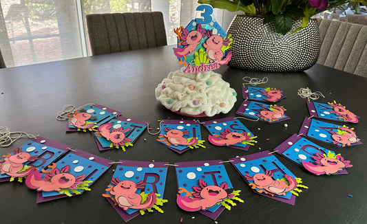 Cute Axolotl Inspired Banner customized,  Kids Theme Party Decoration.