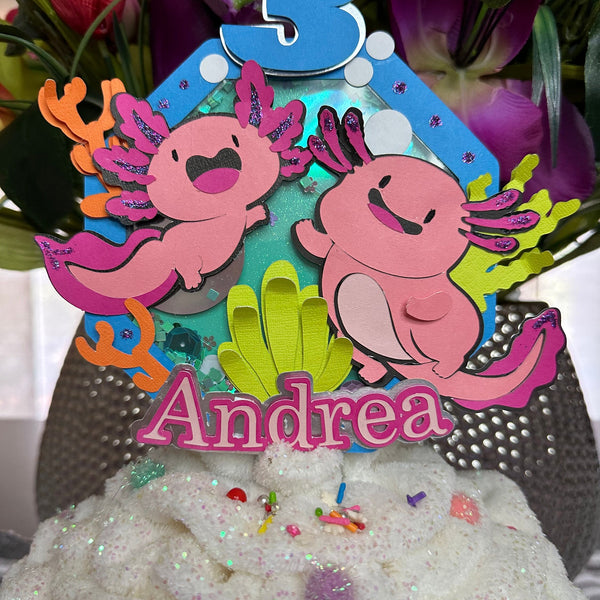 Cute pink happy axolotl cake topper