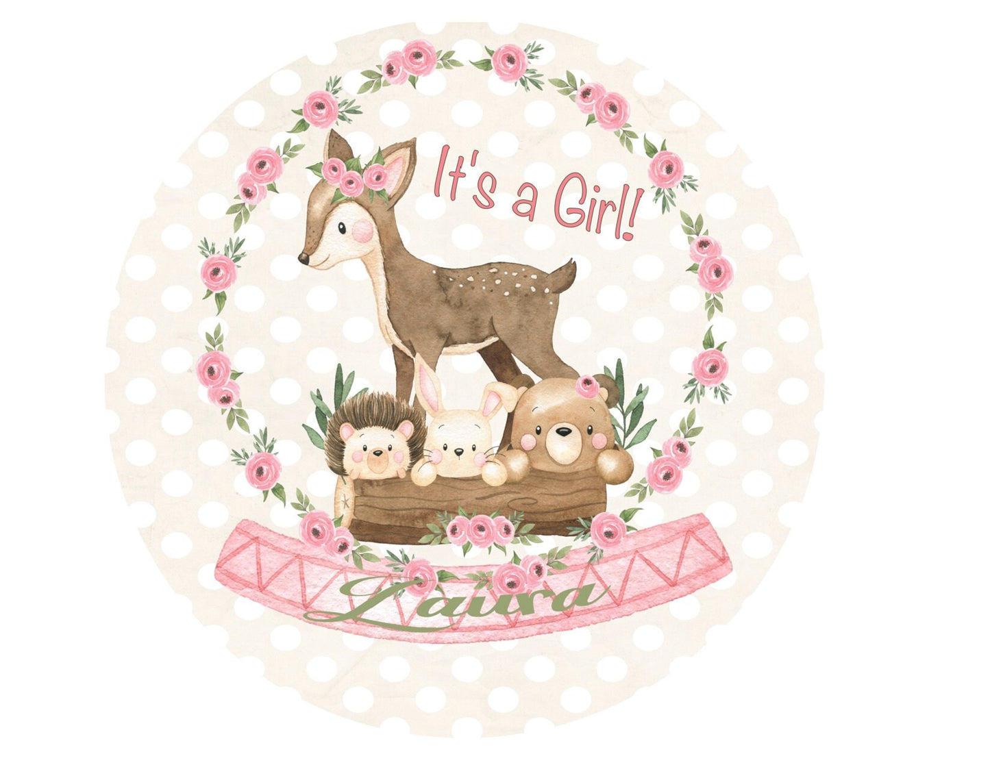 Woodland Baby Girl Celebration, Baby animals.  Edible cake or cupcake topper
