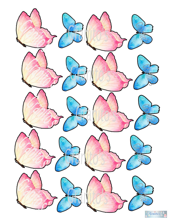 Edible Blue and Pink tones Butterflies  Cakes or cupcakes decorations, Trending for Weddings,Birthdays,Baby showers, Gender reveals.